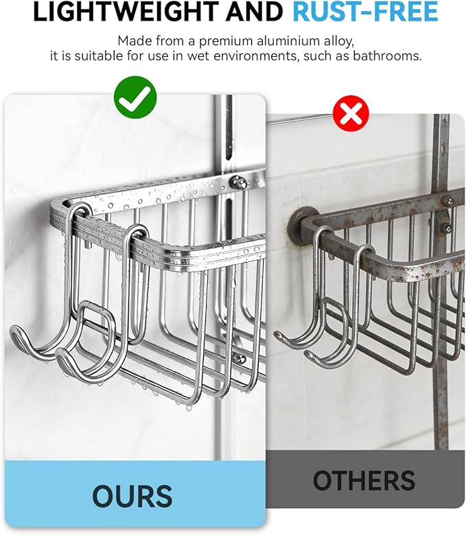 Adjustable Shower Caddy Hanging - Never Rust Shower Organizer Hanging, Aluminum Shower Racks for Inside Shower - Bathroom Organizers and Storage with 2 Soap Holders and 2 Removable Hooks, Silver