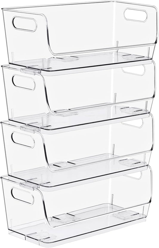 Sorbus Stackable Storage Bins Open Front, Clear Stackable Storage Bins, Pantry Bins for Storage and Organization, Acrylic Stackable Bins for Kitchen, Clear Pantry Organizer Bins (Small Wide 4 Pack)