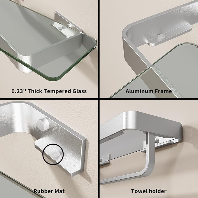 Danpoo 16 Inch Long Floating Bathroom Shelf with Towel Bar, Clear Tempered Glass Wall Shelf with Hand Towel Holder for Bathroom Storage Organizer, Matte Silver