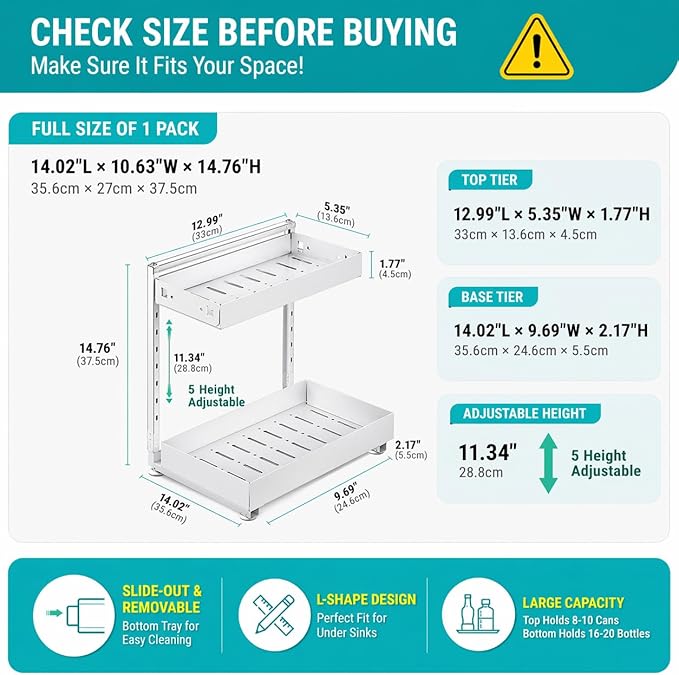 Under Sink Organizer, Kitchen & Bathroom Storage Solution with L-Shaped Design Fits Around Pipes, 2-Tier Slide-Out Metal Drawer, Adjustable Height for Cabinet Laundry Organization (Cream White)