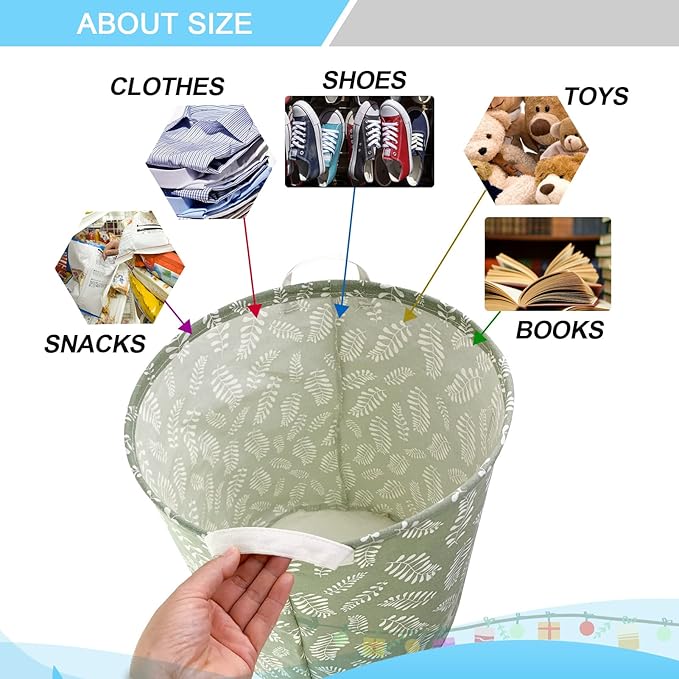 Mziart Large Foldable Laundry Basket Organizer, Collapsible Laundry Hamper Fabric Clothes Toy Storage Basket Nursery Hamper Storage Bin for Household Bedroom, Bathroom, College Dorm (Small White Leaf)