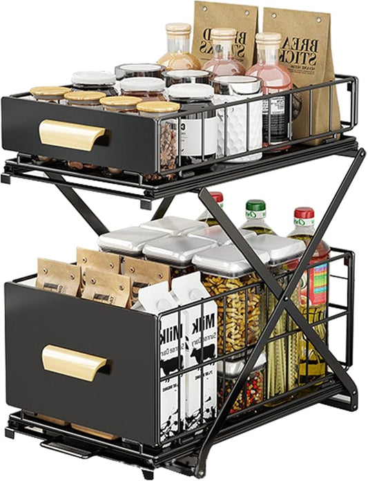 2 Tier Pull Out Pull out Cabinet Organizer with Adjustable Height, Under Sink Organizer, Slide out Pantry Shelves Drawer Storage for Kitchen Organization (Black, 2 Tier)