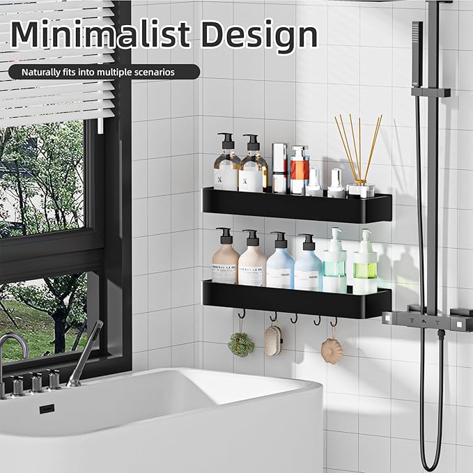 Wisfame Adhesive Shower Caddy,Rustproof Shower Shelve with Large Capacity,Quick-Dry Metal Bathroom Shelves with 5 Hooks, 2 Pack Drill-Free Durable Shower Organizers and Storage, Black