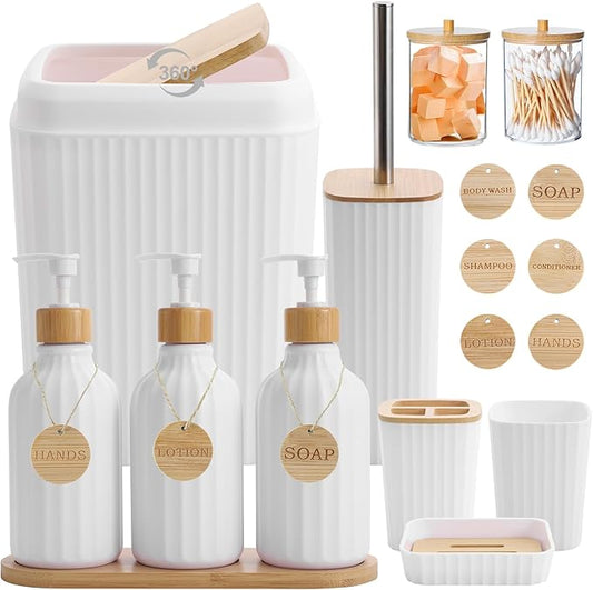 Bathroom Accessories Set White Bathroom Set with Trash Can,3PCS Lotion Soap Dispenser, Toothbrush Holder, Soap Dish,Tumbler Cup,6pcs Wood Tags White Bath Accessories with Tray for Bathroom Decor
