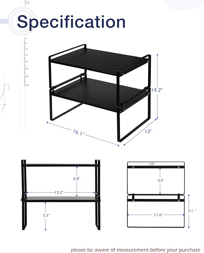 Nxconsu 2 Pack Cabinet Shelf Organizer 16.1"x12"x7.3" Black, Stackable Kitchen Counter Shelf Riser, Heavy Duty 3mm Steel Storage Rack for Pantry Cupboard Bathroom Under Sink, 50lbs Capacity, Non-Slip