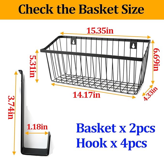 LeleCAT Grid Storage Baskets with Hooks, Over Cabinet Door Organizer, Wire Basket Hanging Storage Organizer, Kitchen Bathroom Organizer (Black, Extra Large)