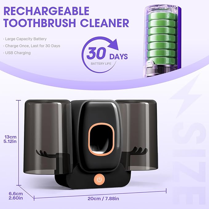 LXIANGN 3 in 1 Toothbrush Cleaner Holders,Rechargeable Wall Mounted Toothbrush Holder Toothpaste Dispenser Automatic 2 Cups Tooth Brush Holder for Bathroom, No Drilling, 4 Slots (Black)
