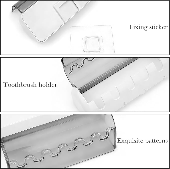 2 PCS Self Adhesive Toothbrush Holder with Cover for Bathroom, 5-Slot Wall Mounted Toothbrush Organizer Rack for Shower, Dorm, Cabinet (Grey)