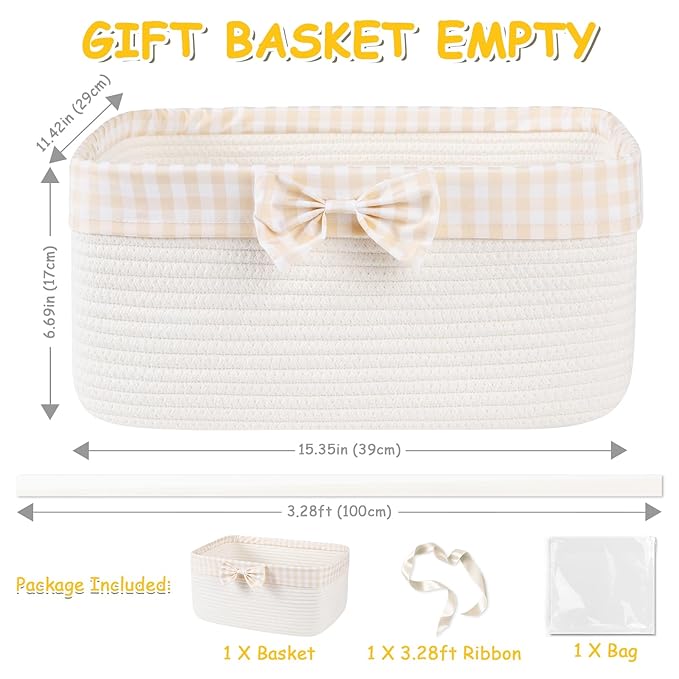OIASKET Basket for Gifts Empty, Large Gift Basket 19L with Gift Bag and Ribbon, Woven Cotton Basket for Baby Showers, Birthday, Wedding, Mother's Day, 15.35"x11.42"x6.69", White and Cream