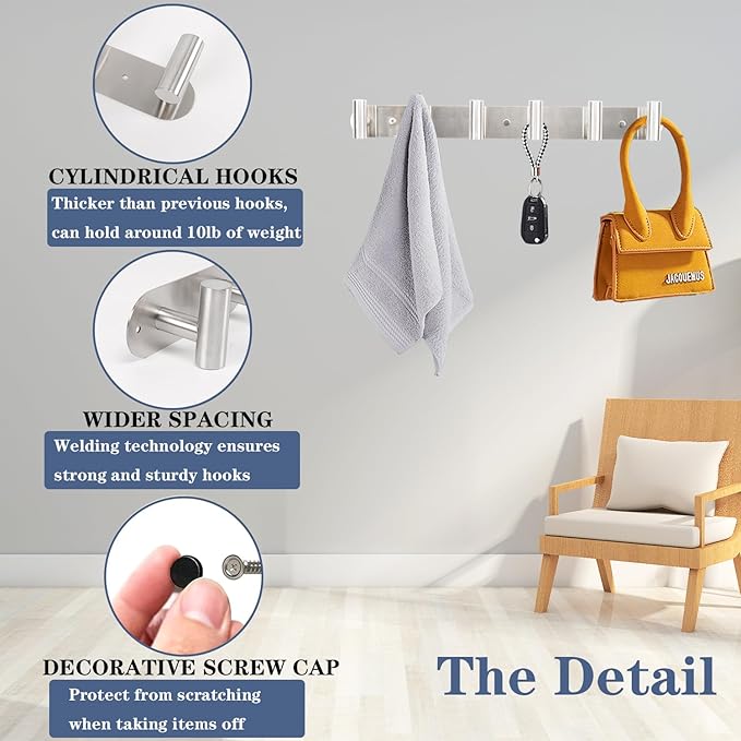 Coat Hook Rack, Wall Mounted Rack with 4 Hooks, Heavy Duty Towel Rack Wall Hooks for Hanging Jacket, Stainless Steel Coat Hanger for Bathroom Entryway Mudroom (Brushed Nickel)