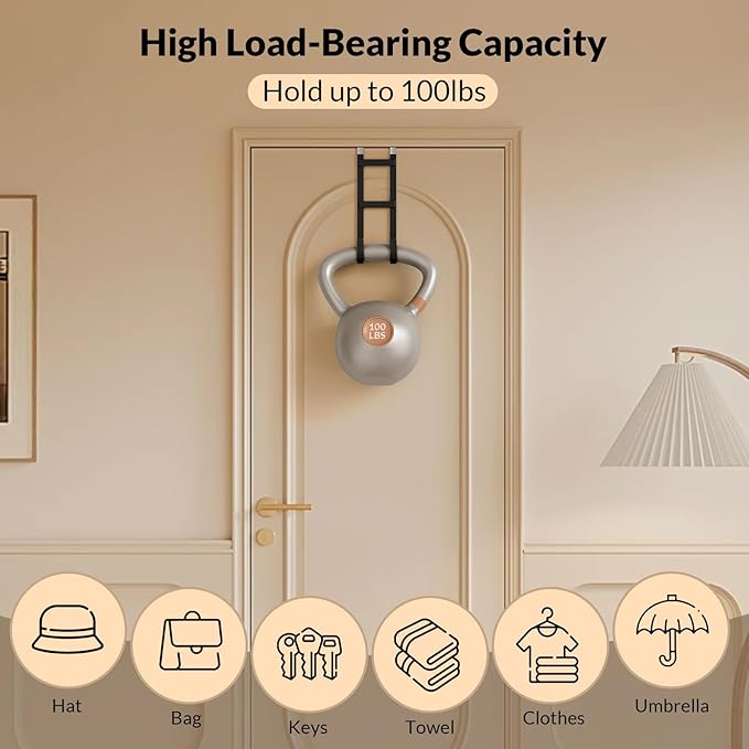 Heavy Duty Door Hooks for Hanging Clothes & Towels, 2 Pack Dual Over Door Hanger with Anti-Scratch Rubber, Rustproof Metal Back of Door Rack, Fits Interior Doors Up to 1 3/8"