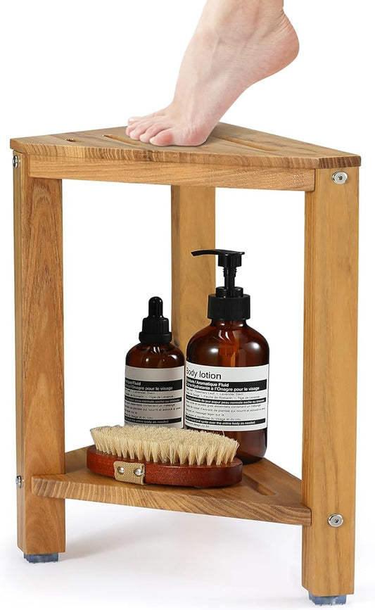 Teak Corner Shower Stool 15in, Wood Shower Bench Seat with Storage Shelf, Waterproof Shower Foot Stool for Shaving Legs, Ideal for Inside Shower or Bathroom