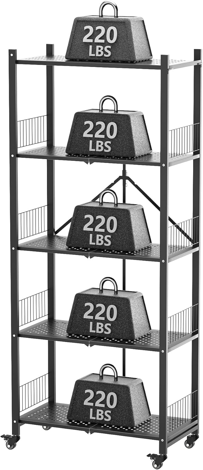 Heavy Duty Folding Shelves No Assembly, 5 Tier Metal Foldable Storage Shelves with Wheels, 220LBS Per Shelf Collapsible Rack for Garage Storage, Black