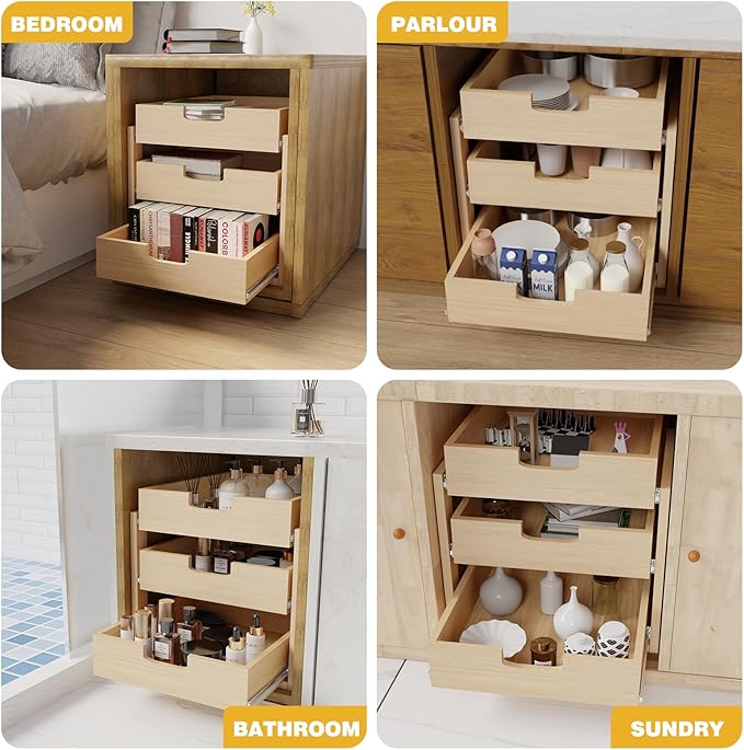 Pull Out Cabinet Organizer, 26''W×21''D×19''H Soft Close Slide Out Wooden Pull out Drawers, Three Tier Slide out Wood Cabinet Organizer, for Base Cabinet Organization in Kitchen, Pantry, Bathroom