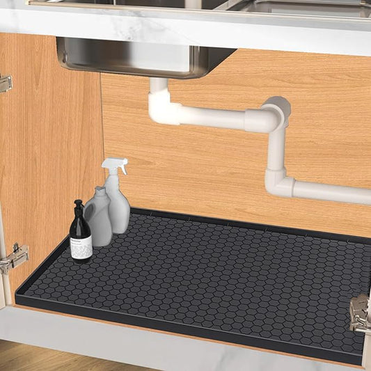 Under Sink Mat 37 x 22 for Kitchen Waterproof, Silicone Under Kitchen Bathroom Sink Liner Mat, Easy to Clean Cabinet Mat Organizers and Storage, Black