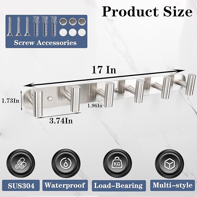 Coat Hook Rack, Wall Mounted Coat Rack with 6 Hooks, Heavy Duty Towel Hook Rack Wall Hooks for Hanging Coat Jacket, Stainless Steel Coat Hanger for Bathroom Entryway Mudroom(Brushed Nickel)