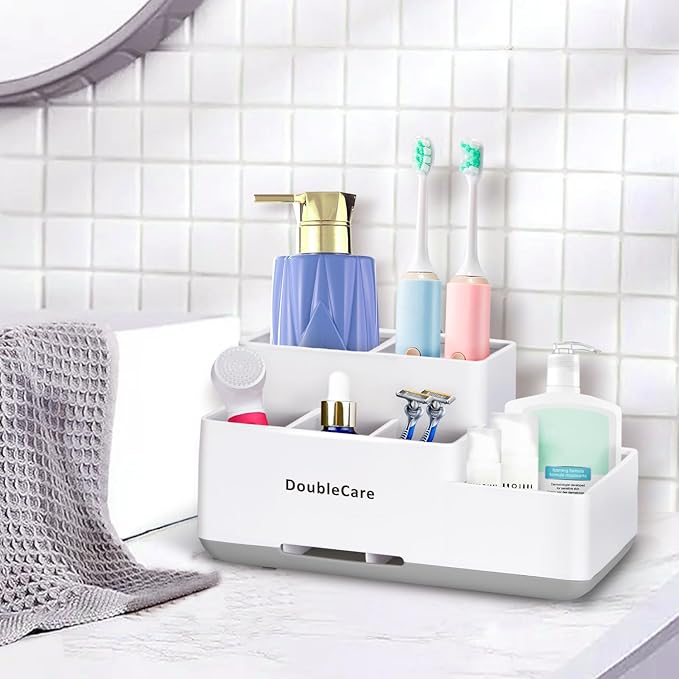 Toothbrush Holder with Anti-Slip, Bathroom Organizer Countertop Detachable for Easy Cleaning, Multifunctional Storage, Bathroom Caddy for Toothpaste, Shaver,Great for Home, Vanity Organizer, Office