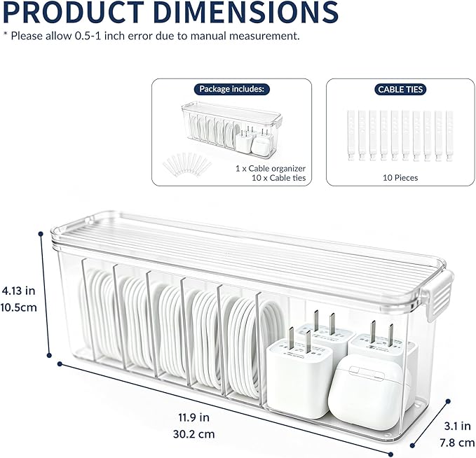 TexHome Cable Organizer Boxes Clear Charger Cable Storage Boxes with Lid and Cable Straps, Plastic Electronics Cord Organizer for Office Desk Home Drawer Accessories Storage, Clear