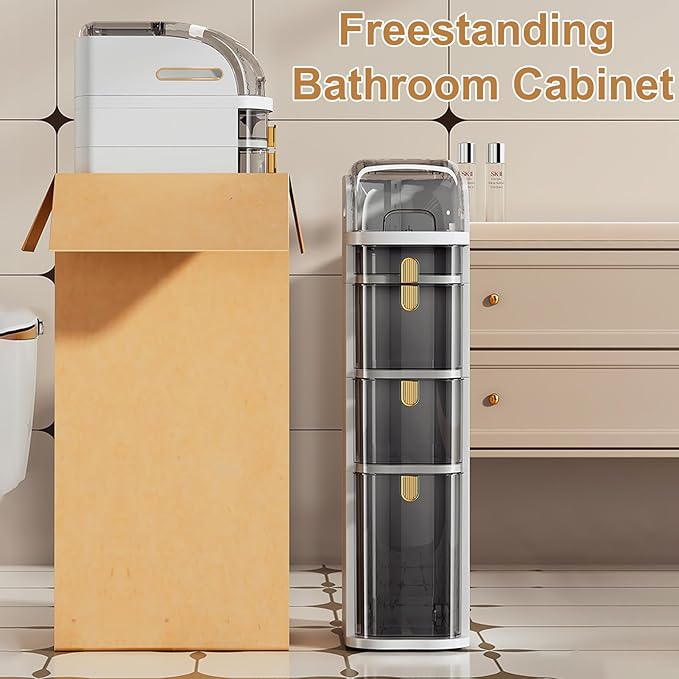 4-Tier Narrow Bathroom Storage Cabinet with Wheels & Tissue Box, 7.1 Inch Skinny Bathroom Cabinet Waterproof Organizer, Slim Storage Drawers for Toilet/Laundry/Kitchen