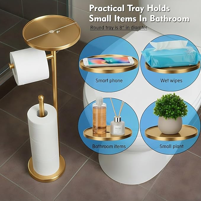 Gold Toilet Paper Holder with Shelf, Tissue Roll Holder Stand with Storage for Holding Extra 4 Toilet Paper Rolls, Stainless Steel Rustproof Freestanding (Brushed Gold)