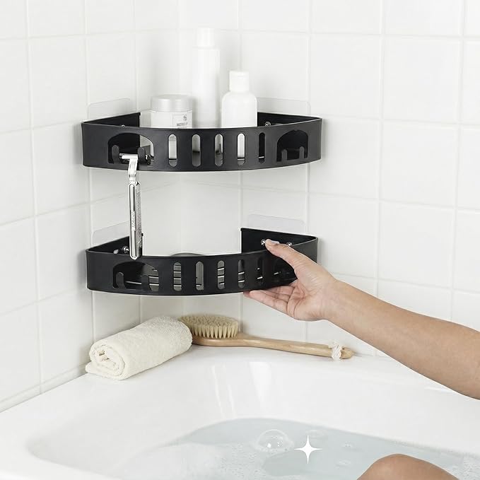 Adhesive Corner Shower Shelf No Drill | Rust-Proof Aluminum Alloy Stick On Bathroom Organizer with Shaving Holder for Shampoo, Conditioner, Soap, Razors Black 3Pack