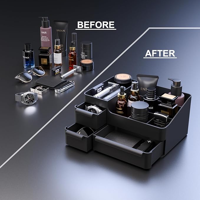 Mens Cologne Organizer with 3 Drawers & 7 Top Compartments: Men's Vanity Organizer, Perfume Stand & Cologne Shelf - Bathroom Countertop Storage for Shaving Kit, Skincare, Gifts for Men