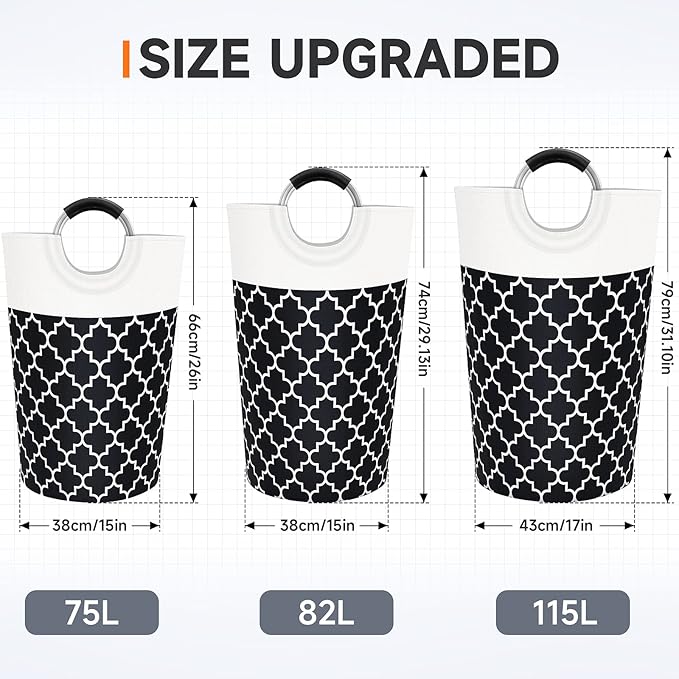 Fabspace Large Laundry Basket Laundry Hamper Bag Washing Bin Clothes Bag Collapsible Tall with Handles Waterproof Travel Bathroom College Essentials Storage for College Dorm, Family (Black) 115L