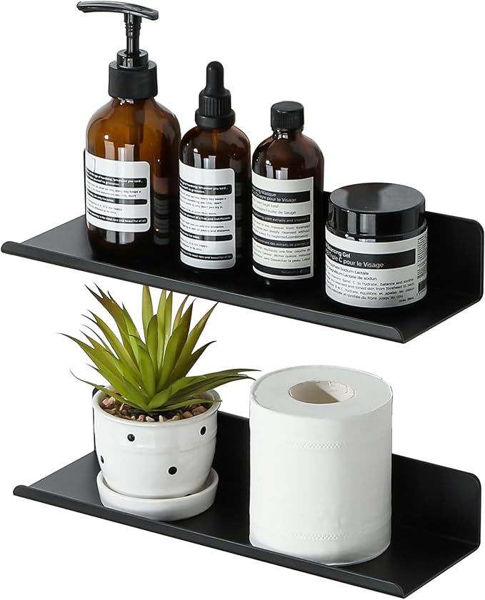 SAYAYO Black Floating Shelves for Wall Storage, 12 Inch Adhesive Wall Shelves for Bedroom Decor, Small Display Bathroom Shelf Organizer for Kitchen, Living Room, Office, 2pcs