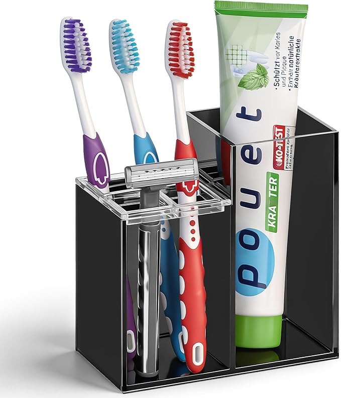 Acrylic Toothbrush Holders for Bathroom, 5 Slots Toothbrush and Toothpaste Storage Organizer Holder, Home Decor for Bathroom Accessories Organizer - Black