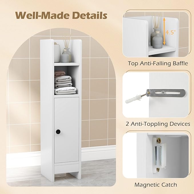 LOKO Narrow Bathroom Storage Cabinet, Modern Small Corner Floor Cabinet with 3-Level Adjustable Shelf, Slim Toilet Paper Holder Stand for Small Spaces, Laundry Room, Kitchen (White)
