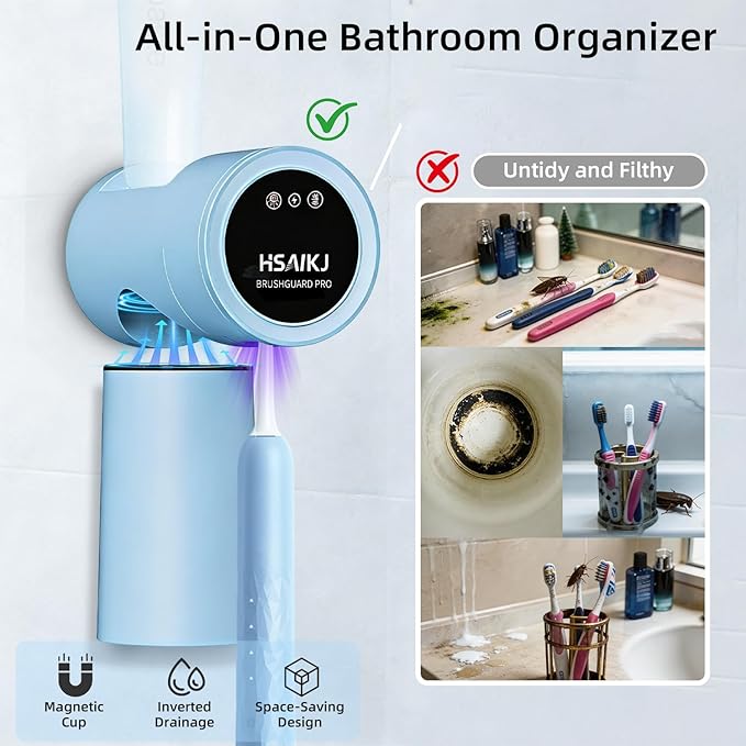 Wall Mounted Toothbrush Holder for Bathroom, Electric Toothbrush Organizer with Smart Lid Sensor, UV Light Care & Heated Air Drying, Magnetic Cup & Toothpaste Storage (Blue)