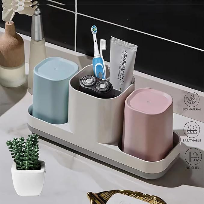 Toothbrush Holder for Bathroom, Kids Toothbrush Holder with Cups, Electric Toothbrush Holder for Bathroom Decor, Kids Bathroom Accessories Set with Toothpaste Holder, Pink & Blue