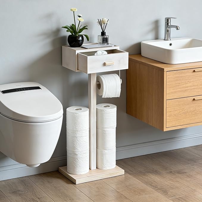 Freestanding Bathroom Toilet Paper Holder Stand with Shelf, Bamboo Toilet Paper Roll Holder with Wet Wipes Storage Drawer(Vintage White)