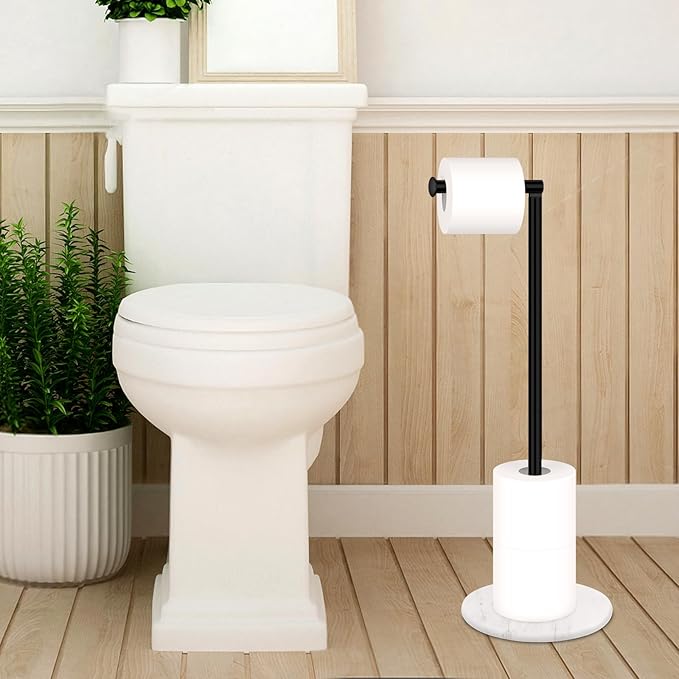 Toilet Paper Holder Stand with Marble Base, Free Standing Natural Stone Base Tissue Paper Storage with Reserve, Matte Black Space Toilet Bath 4 Rolls Holder for Bathroom/Kitchen Countertop