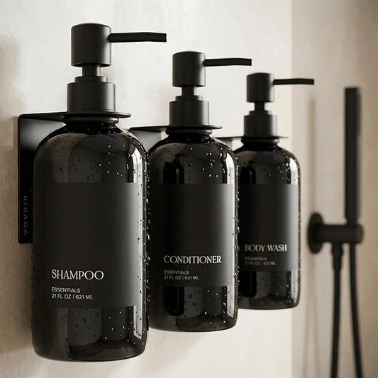 Stylish Shampoo and Conditioner Dispenser Set of 3 for Wall Mount - Modern Drill Free 21oz Shower Soap Bottles with Labels - Easy Refill Body Wash Dispensers for an Instant Bathroom Decor Upgrade