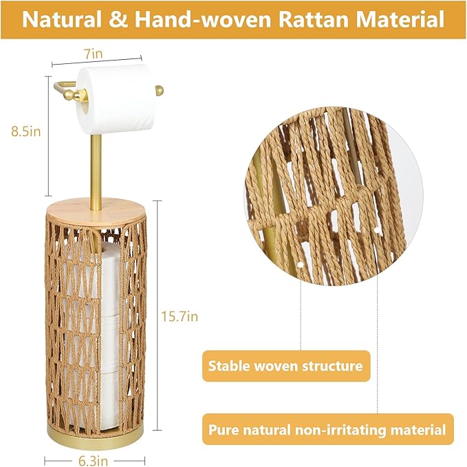 Trongee Freestanding Toilet Paper Holder with Storage,3 Rolls of Boho Toilet Paper Holder Stand with Lid,Gold Toilet Tissue Holder Stand Rattan Paper Storage Wicker Toilet Roll Holder Basket