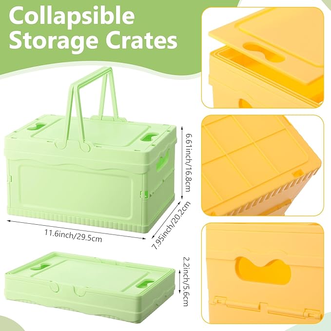 4 Pcs Pastel Plastic Storage Bin with Lid and Handle Cute Collapsible Storage Crates Foldable Plastic Basket Stackable Bins for Home Kitchen Office Bathroom Picnic (Pink,Green,Blue,Yellow)