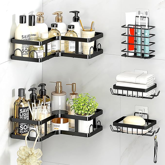 14 Pack Shower Caddy Adhesive Replacement Flat Strips, Heavy Duty Transparent Waterproof Hooks for Bathroom Storage Shelves, No-Drilling Sticky Wall Mount Hooks for Kitchen Organizers