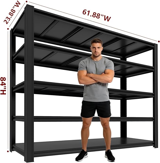 5-Tier Metal Storage Shelves, Adjustable Shelving Units, Boltless Assembly, Black, 61.88 x 23.88 x 84 Inch, for Warehouse Garage Shed Basement (5T-84H*61.88W*23.88D)