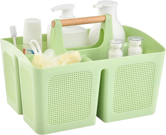 ALINK Portable Shower Caddy Basket with Compartments, Plastic Divided Cleaning Caddy Organizer Storage Tote with Handle for Bathroom, College, Dorm Room Essentials - Green