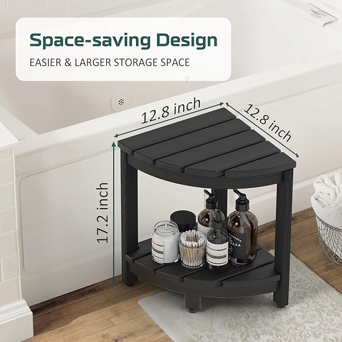 Corner Shower Stool for Inside Shower, HDPE Waterproof Shower Bench Seat Chair, Plastic Bath Shower Stool for Shaving Legs Foot Rest with Storage Shelf, Adjustable & Non-Slip Feet, Black