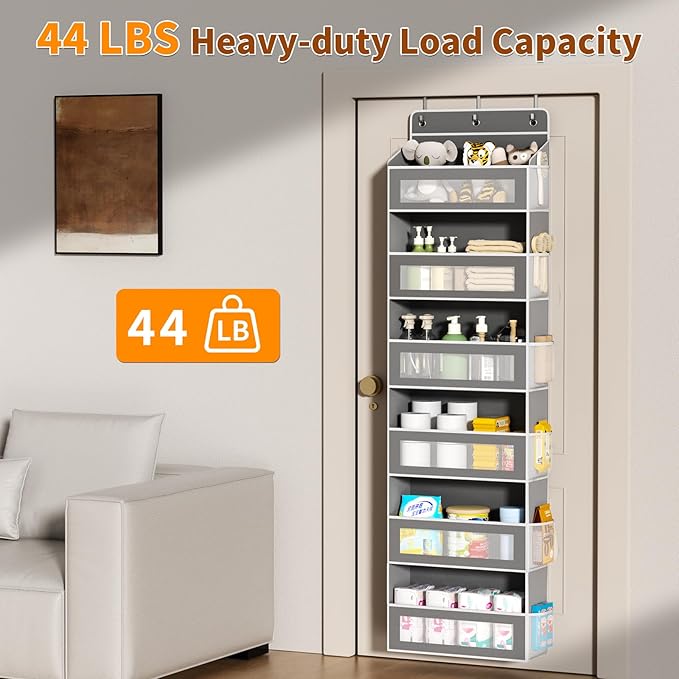 6-Tier Over The Door Organizer with Large Pocket, Over the Door Storage 12 Side Pockets, Hanging Door Organzier 44 lb Load Behind Door Storage Hanging Shelf for Closet Wall Bathroom Nursery, Grey