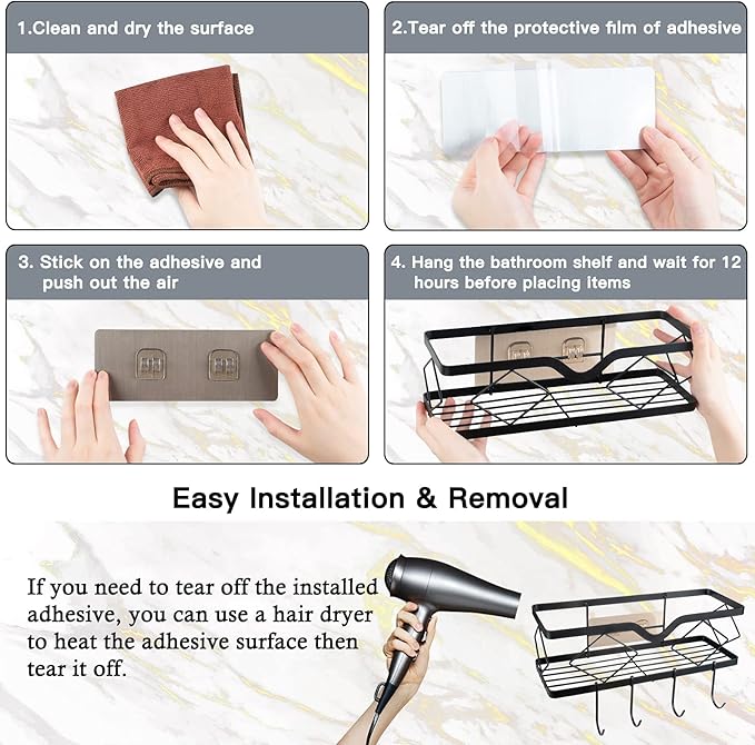 2 Pack Adhesive Shower Caddy Bathroom Shelf, Stainless Steel Shower Organizer Shower Shelves for Inside Shower No Drilling Rustproof Conditioner Shampoo Storage Holder(Black)