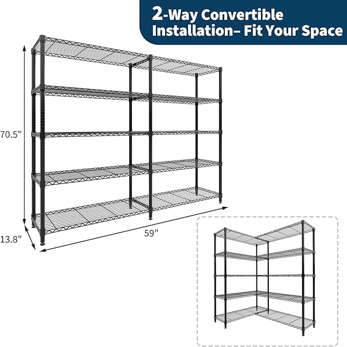70" H 5-Tier Metal Storage Rack, Heavy Duty Wire Shelving Unit with Adjustable Shelves, 1325 Lbs Capacity for Kitchen, Pantry, Bedroom, or Corner Organization