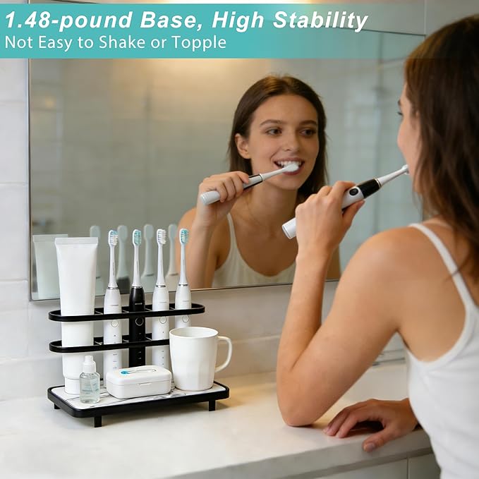 Electric Toothbrush Holders for Bathrooms, Bathroom Counter Organizer with Quick Dry Diatomaceous Earth Mat, 5 Slots Toothbrush and Toothpaste Holder Black, for Bathroom Sink Organizer Countertop
