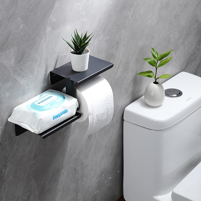 Adhesive Toilet Paper Holder with Double Shelf, No Drilling Wall Mount Toilet Tissue Roll Holder, Rustproof & 304 Stainless Steel Bathroom Storage Dispenser