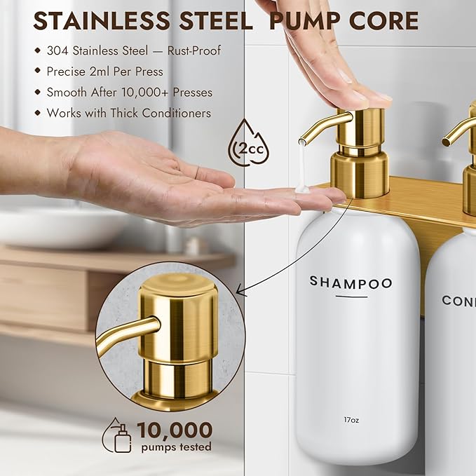 KOUCHU Shampoo and Conditioner Dispenser Set - Wall Mounted Shower Soap Dispenser - 17oz No-Drill Refillable Plastic Pump Bottles for Bathroom Kitchen - Includes Soap Dish and Hook (Gold)