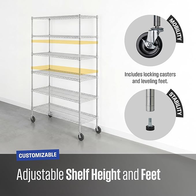 SafeRacks - NSF Certified Storage Shelves, Zinc, Heavy Duty Steel Wire Unit with Wheels and Adjustable Feet, Garage or Bakers Rack, Kitchen, Pantry Shelf - (18"x48"x72" 6-Tier) (Silver)