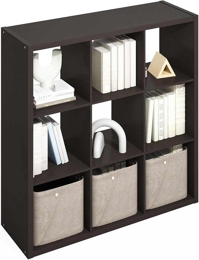 Furinno Simple Cube Storage Organizer, 9-Cube Display Shelf, Open Back Shelving Unit, Storage Shelves, Extra Thick Frame, for Organization and Storage, Living Room, Home Office, Black Dark Oak