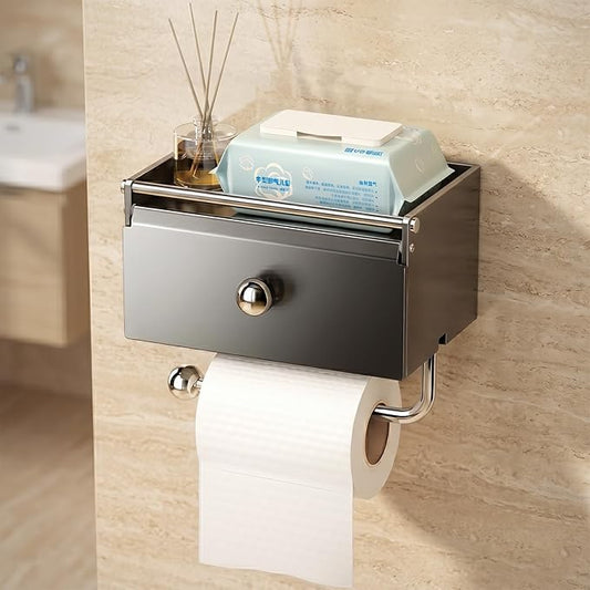 Toilet Paper Holder with Shelf,Wall Mount Toilet Paper Roll Holder,Self-Adhesive Tissue Towel Holders,Flushable Wipes Dispenser for Storage,Front Flip Design with Hanging Rod for Bathroom (Grey)